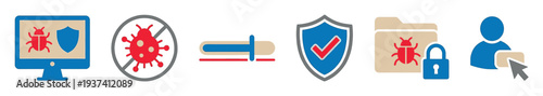 Set of colorful cybersecurity icons representing antivirus protection, virus scanning, security settings, data safety, and user account access for technology concepts