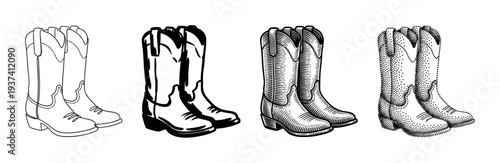 Collection of four cowboy boot pairs rendered in diverse black and white artistic styles from simple outline to detailed engraving and stippling