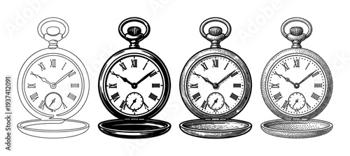 Set of four vintage pocket watches illustrated in various black and white graphic styles like line art, silhouette, engraving, and stippling, showing open lids and Roman numerals