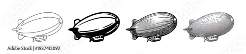 Set of four vintage blimp illustrations shows different graphic styles including outline, silhouette, engraved hatching, and a halftone dot pattern for a retro design concept