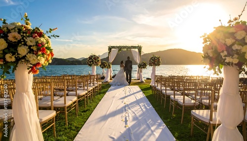Outdoor wedding scene with flowers, gold chairs, white aisle runner, under an arch with water and hills in background