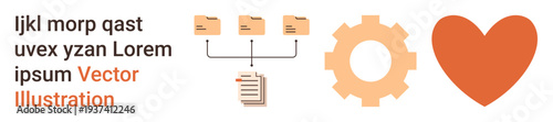 Data organization, workflow management, automation, technology integration, operational concepts, and communication systems. File folders connected to documents, gear and heart icon. Data