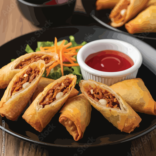 Spring Rolls with Dipping Sauce on Plate.