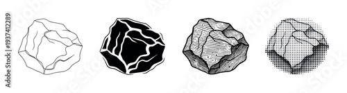 Set of four black and white stone illustrations showing different graphic styles, including line art, silhouette, hatching, and halftone dot pattern for a design element