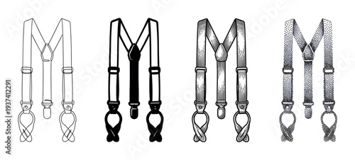 Four vintage style men's suspenders illustrated in different graphic techniques including line art, silhouette, engraving, and stippling for a classic gentleman's accessory set