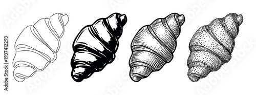 Set of four hand-drawn croissant illustrations in various artistic styles, including simple outline, solid ink, detailed engraving, and classic stippling technique