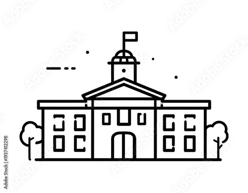 Outline drawing of government building w/dome, flag & trees, on white. Minimalist line art, black & white design