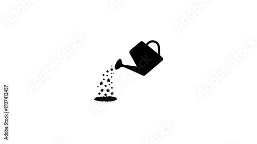 A black watering can is depicted pouring star-shaped objects onto a grassy patch