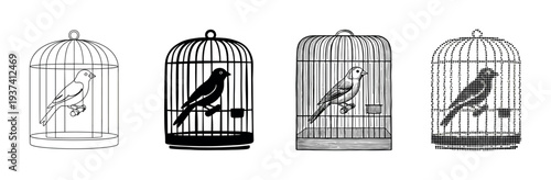 Four black and white birdcage illustrations showing a single canary in different graphic styles, including line art, silhouette, engraving, and halftone dot pattern for design