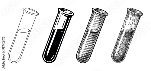 Set of four laboratory test tubes with liquid, illustrated in various black and white graphic styles including line art, silhouette, engraving, and stippling for scientific concepts
