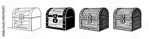 Four black and white treasure chest illustrations show an artistic progression from simple line art and silhouette to a detailed, vintage engraving and stippling style
