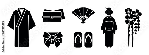 Minimalist set of black glyph icons representing traditional East Asian culture, including a kimono robe, obi sash, geta sandals, fan, and kanzashi hair pin