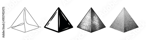 Set of four pyramid illustrations showing different artistic styles including continuous one line art, bold graphic icon, vintage hatching, and modern stippling dotwork