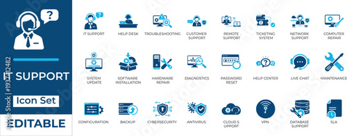Editable IT support and tech service vector icon set featuring help desk, computer repair, troubleshooting, and cybersecurity symbols.