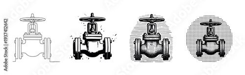 Set of four black industrial valve illustrations presented in a variety of artistic styles, including clean line art, grunge ink splatter, detailed engraving, and halftone