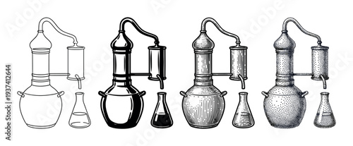 Set of four vintage alembic stills for distillation illustrated in different artistic styles including line art, silhouette, engraving, and stippling for a historical scientific concept