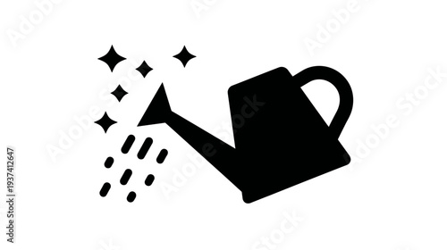 Black and white illustration of a watering can pouring water. Four stars are next to the spout