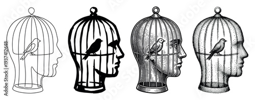 Four human head birdcage illustrations with a trapped bird inside, a conceptual set in line art, silhouette, engraving, and stippling artistic styles