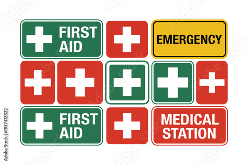 First aid and emergency medical station signs with white crosses on colored backgrounds