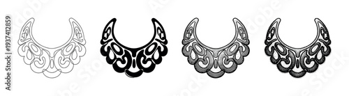 Set of four ornate collar illustrations in different graphic styles including line art, silhouette, engraving, and stippling, showing a progression of artistic techniques