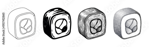 Four sushi maki roll illustrations showcasing different graphic styles, including line art, bold ink, detailed engraving, and stippling in a monochrome artistic set