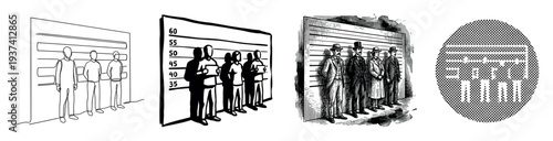 Set of four police lineup illustrations in various artistic styles including minimalist line art, vintage engraving, graphic silhouette, and a halftone dot pattern icon for crime concepts