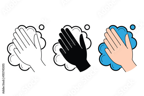 Hand Washing Icons with Soap Bubbles in Black, White, and Colorful Illustrations