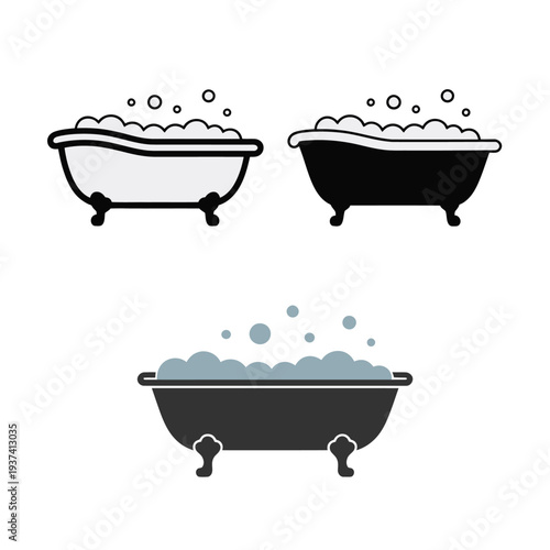 Bathtubs with Bubbles, Clawfoot Tubs, Bathroom Icons, Vector Illustrations