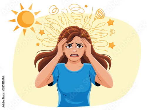 Stressed woman with hands on head, overwhelmed by thoughts and anxiety, frustrated expression