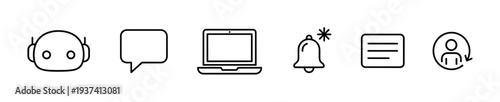 Set of black line icons for technology and communication featuring a chatbot head, message bubble, laptop, notification bell, and user profile symbol for interface design