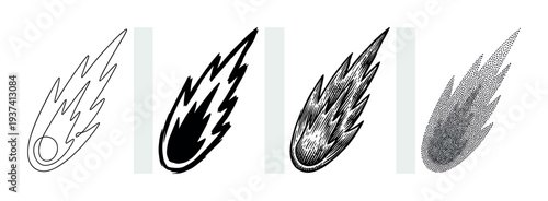 Set of four black comet illustrations in various graphic styles including line art, silhouette, engraving, and stippling, depicting a falling meteor with a fiery tail
