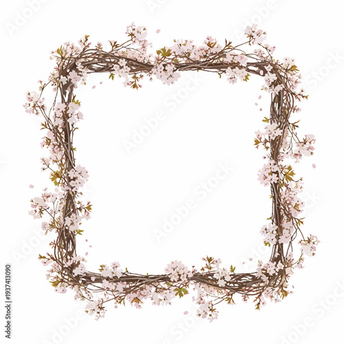 Floral Wreath Frame with Blossoms and Twigs.