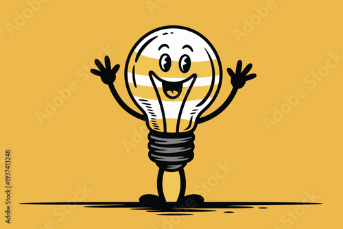 Cartoon light bulb character smiling and waving on yellow background with black outline