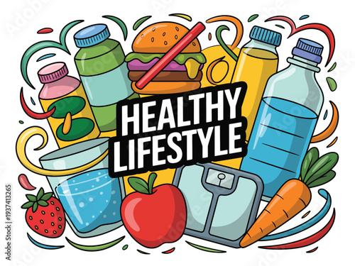 Colorful Healthy Lifestyle Food Illustration with Fresh Fruits and Drinks