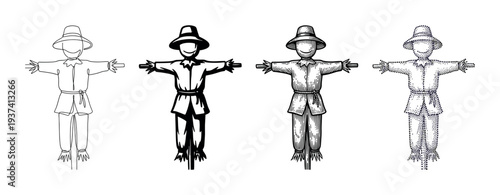 Set of four scarecrow illustrations in different artistic styles including continuous line drawing, solid silhouette, vintage engraving, and dotwork stippling