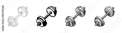 Set of four black dumbbell illustrations showing different artistic styles including line art, abstract, classic engraving, and stippling for fitness concepts