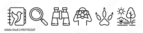 Set of black line art icons for nature observation and zoology, featuring a bird guide, magnifying glass, binoculars, an observer, an animal track, and a landscape scene