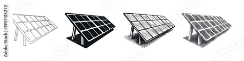 Four solar panel vector icons in different styles including line art, silhouette, engraving, and halftone dot pattern for renewable energy concepts, presented in a row