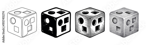 Four black and white shape sorter cubes illustrated in different artistic styles including line art, solid silhouette, vintage engraving, and stippling for a graphic design set