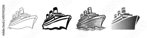 Set of four black ship illustrations showing different artistic styles like continuous line drawing, brush stroke sketch, detailed engraving, and a halftone dot pattern