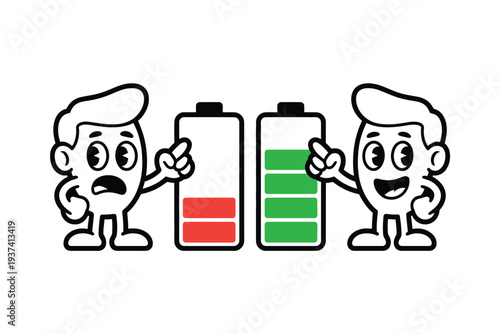 Cartoon characters comparing battery levels, energy status, power icons, and emotive illustrations.