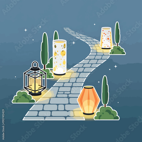 Winding Path with Lanterns and Greenery.