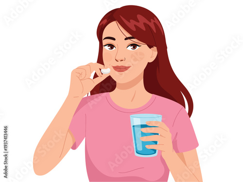 Woman taking medicine with water, healthy lifestyle, medication, and wellness concept illustration