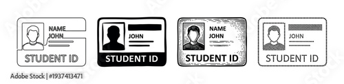 Set of four student ID cards illustrated in various black and white graphic styles, including line art, silhouette, hatching, and stippling for identification concepts