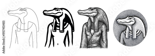 Set of four ancient Egyptian deity illustrations with a crocodile head presented in different graphic styles including line art, silhouette, engraving, and stippling