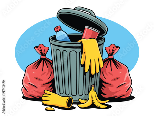 Cartoon illustration of trash can with yellow gloves and red garbage bags