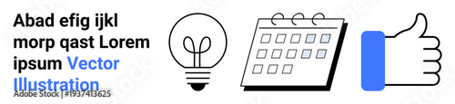 Creativity, planning, productivity, feedback, organization, success. A light bulb, calendar and thumbs up element are . Creativity and planning concepts