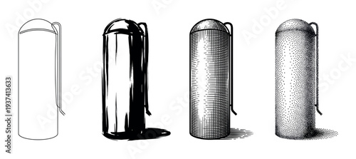 Four farm silo illustrations in different styles including line art, brush stroke, engraving, and stippling, showcasing various graphic techniques for agricultural building design