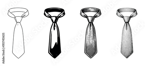 Set of four necktie illustrations showing different artistic styles, including line art, solid black, engraving, and stippling for a classic menswear accessory collection