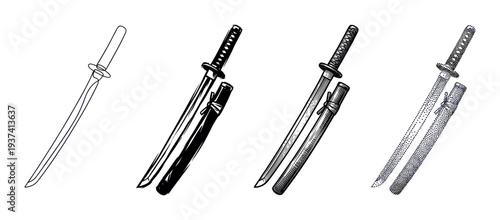 Set of four traditional katana sword illustrations showing different artistic styles including line art, ink sketch, engraving, and stippling for a graphic design element